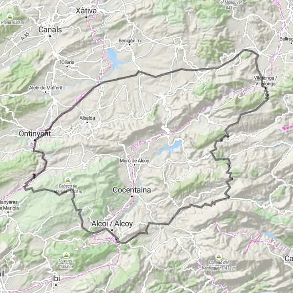 Miniatua del mapa de inspiración ciclista "Desafío en Carretera Bocairent-Ontinyent-Vuelta a Bocairent" en Comunitat Valenciana, Spain. Generado por Tarmacs.app planificador de rutas ciclistas