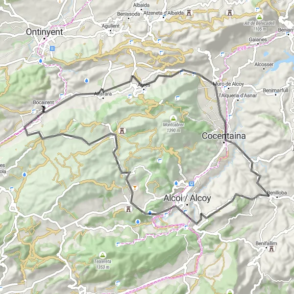 Map miniature of "Road cycling adventure from Bocairent to Torre de Mariola" cycling inspiration in Comunitat Valenciana, Spain. Generated by Tarmacs.app cycling route planner