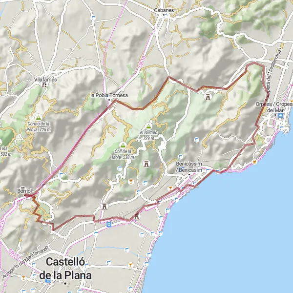 Miniaturní mapa "Gravelový okruh přes la Pobla Tornesa a Benicàssim" inspirace pro cyklisty v oblasti Comunitat Valenciana, Spain. Vytvořeno pomocí plánovače tras Tarmacs.app