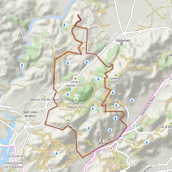 Miniaturní mapa "Gravelový okruh přes Masia Pla de Lluch a Castell de Borriol" inspirace pro cyklisty v oblasti Comunitat Valenciana, Spain. Vytvořeno pomocí plánovače tras Tarmacs.app