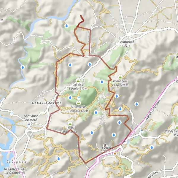 Map miniature of "Masia Pla de Lluch to Castell de Borriol Gravel Adventure" cycling inspiration in Comunitat Valenciana, Spain. Generated by Tarmacs.app cycling route planner