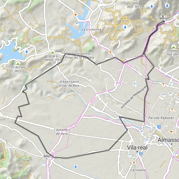 Map miniature of "Borriol Loop: A Scenic Road Ride" cycling inspiration in Comunitat Valenciana, Spain. Generated by Tarmacs.app cycling route planner