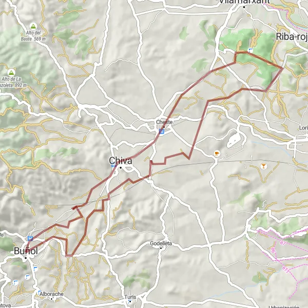 Miniatua del mapa de inspiración ciclista "Ruta de Gravel Chiva y Rodana" en Comunitat Valenciana, Spain. Generado por Tarmacs.app planificador de rutas ciclistas