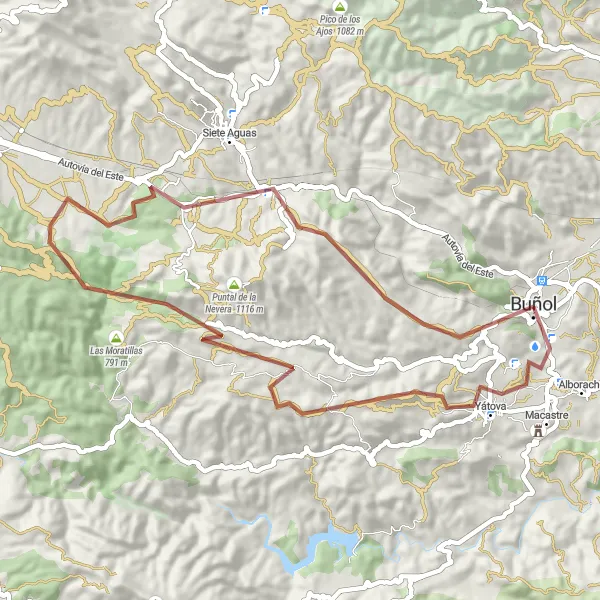 Map miniature of "The Gravel Ride through Mirador del Turche, Yátova, and Cerro Simón" cycling inspiration in Comunitat Valenciana, Spain. Generated by Tarmacs.app cycling route planner