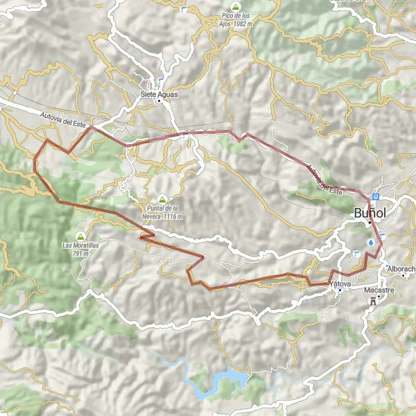 Miniatua del mapa de inspiración ciclista "Ruta de Mirador del Turche-Buñol" en Comunitat Valenciana, Spain. Generado por Tarmacs.app planificador de rutas ciclistas