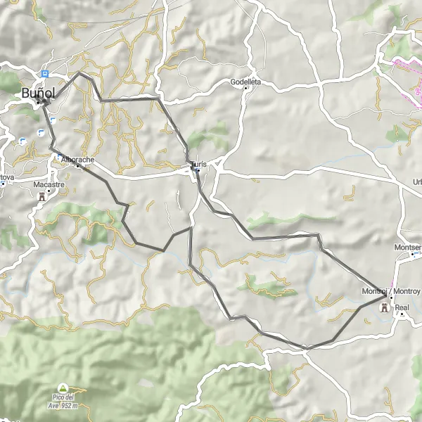 Miniatua del mapa de inspiración ciclista "Ruta de Carretera Turís-Montroi-Alborache" en Comunitat Valenciana, Spain. Generado por Tarmacs.app planificador de rutas ciclistas