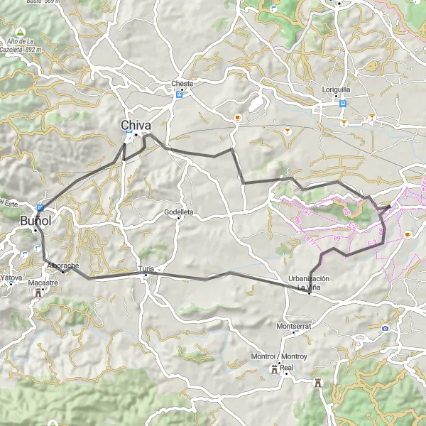 Miniatura della mappa di ispirazione al ciclismo "Circuito panoramico di Chiva" nella regione di Comunitat Valenciana, Spain. Generata da Tarmacs.app, pianificatore di rotte ciclistiche