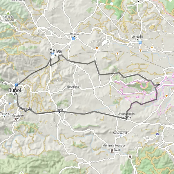 Miniaturekort af cykelinspirationen "Rundtur fra Buñol til Chiva, Mirador Peña Lomeros, Corral del Colero-Serra Perenxisa og Turís" i Comunitat Valenciana, Spain. Genereret af Tarmacs.app cykelruteplanlægger