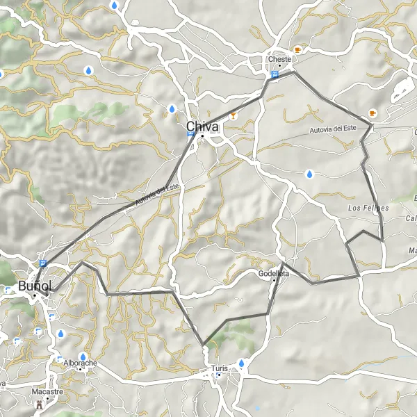 Miniaturekort af cykelinspirationen "Rundtur fra Buñol til Mirador Peña Lomeros, Chiva og Godelleta" i Comunitat Valenciana, Spain. Genereret af Tarmacs.app cykelruteplanlægger