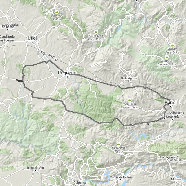 Miniatura della mappa di ispirazione al ciclismo "Giro in bicicletta tra Yátova e il Castillo de Buñol" nella regione di Comunitat Valenciana, Spain. Generata da Tarmacs.app, pianificatore di rotte ciclistiche