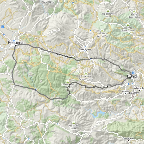 Miniatura mapy "Wycieczka szosowa Buñol - Castillo de Buñol (alternatywna trasa)" - trasy rowerowej w Comunitat Valenciana, Spain. Wygenerowane przez planer tras rowerowych Tarmacs.app