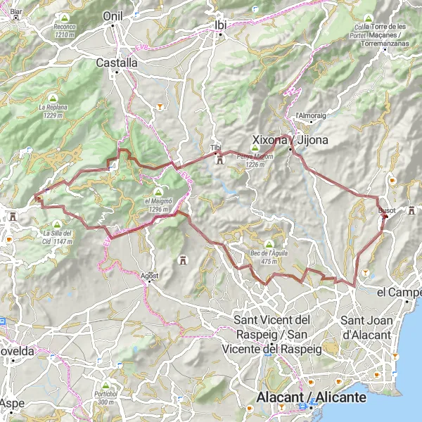Miniatura della mappa di ispirazione al ciclismo "Giro in Gravel verso Busot e Tibi" nella regione di Comunitat Valenciana, Spain. Generata da Tarmacs.app, pianificatore di rotte ciclistiche