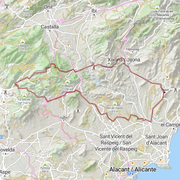 Miniaturekort af cykelinspirationen "Grusvejsruter nær Busot" i Comunitat Valenciana, Spain. Genereret af Tarmacs.app cykelruteplanlægger