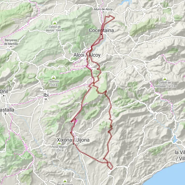 Map miniature of "Mountain Gravel Challenge from Busot" cycling inspiration in Comunitat Valenciana, Spain. Generated by Tarmacs.app cycling route planner