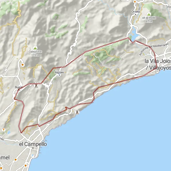 Miniature de la carte de l'inspiration cycliste "Tour des Miradors du Pays d'Alicante" dans la Comunitat Valenciana, Spain. Générée par le planificateur d'itinéraire cycliste Tarmacs.app