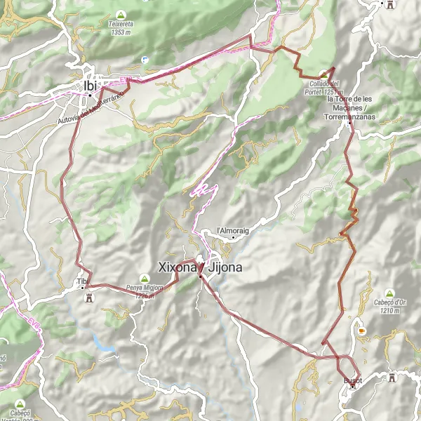 Miniatura della mappa di ispirazione al ciclismo "Gravel Route through Xixona and Collado del Portet" nella regione di Comunitat Valenciana, Spain. Generata da Tarmacs.app, pianificatore di rotte ciclistiche