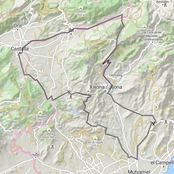 Karten-Miniaturansicht der Radinspiration "Erlebnisreiche 99 Kilometer lange Radtour" in Comunitat Valenciana, Spain. Erstellt vom Tarmacs.app-Routenplaner für Radtouren