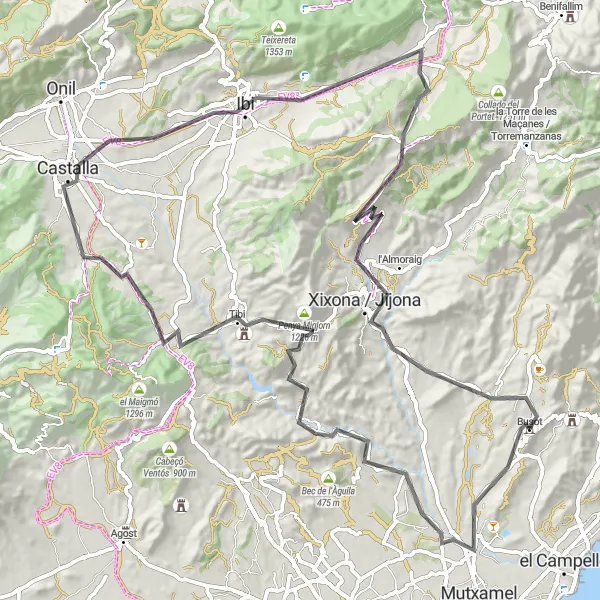 Map miniature of "Road Cycling Adventure in Busot and Beyond" cycling inspiration in Comunitat Valenciana, Spain. Generated by Tarmacs.app cycling route planner