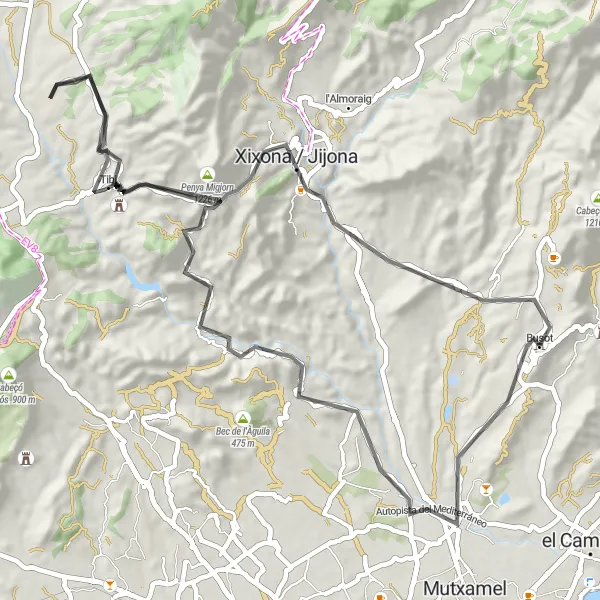 Miniatura della mappa di ispirazione al ciclismo "Rullante Stradale da Busot a Jijona" nella regione di Comunitat Valenciana, Spain. Generata da Tarmacs.app, pianificatore di rotte ciclistiche