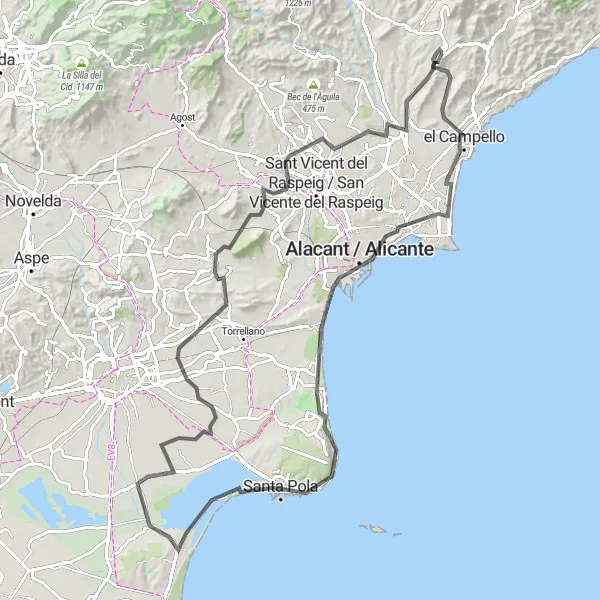 Miniatura della mappa di ispirazione al ciclismo "Road Cycling Adventure in Alicante Countryside" nella regione di Comunitat Valenciana, Spain. Generata da Tarmacs.app, pianificatore di rotte ciclistiche