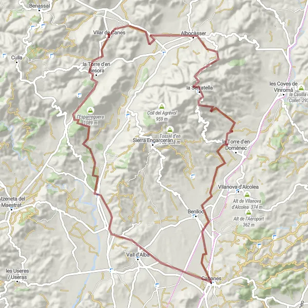 Miniatura della mappa di ispirazione al ciclismo "Avventura in Gravel tra Vall d'Alba e la Bastida" nella regione di Comunitat Valenciana, Spain. Generata da Tarmacs.app, pianificatore di rotte ciclistiche