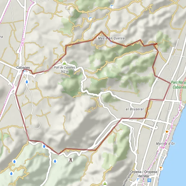 Miniatura della mappa di ispirazione al ciclismo "Percorso in bicicletta da Cabanes attraverso Port de Cabanes e Alt del Pla" nella regione di Comunitat Valenciana, Spain. Generata da Tarmacs.app, pianificatore di rotte ciclistiche