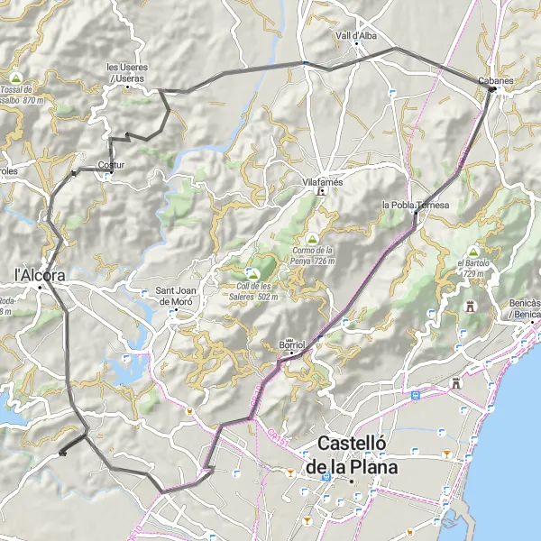 Miniature de la carte de l'inspiration cycliste "Escapade à travers les Collines Valenciennes" dans la Comunitat Valenciana, Spain. Générée par le planificateur d'itinéraire cycliste Tarmacs.app