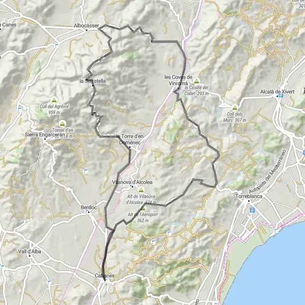 Miniatua del mapa de inspiración ciclista "Ruta en carretera desde Cabanes" en Comunitat Valenciana, Spain. Generado por Tarmacs.app planificador de rutas ciclistas