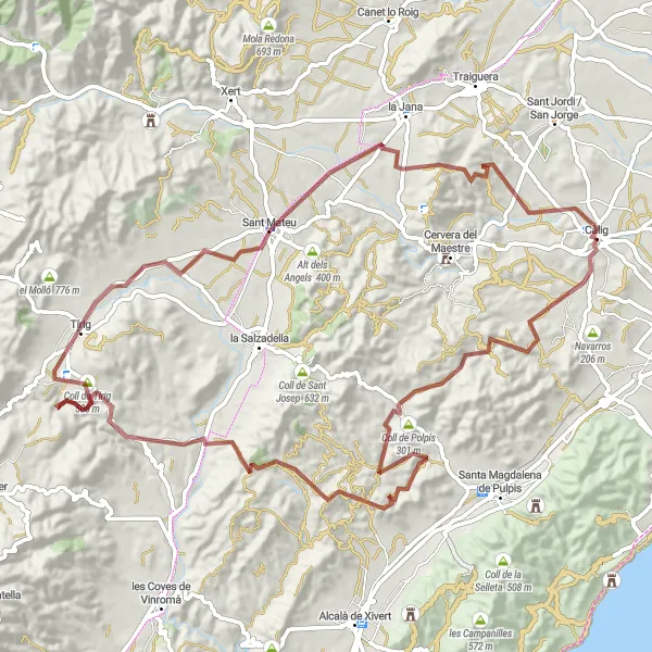 Miniaturekort af cykelinspirationen "Rundtur på grusvej i nærheden af Càlig" i Comunitat Valenciana, Spain. Genereret af Tarmacs.app cykelruteplanlægger