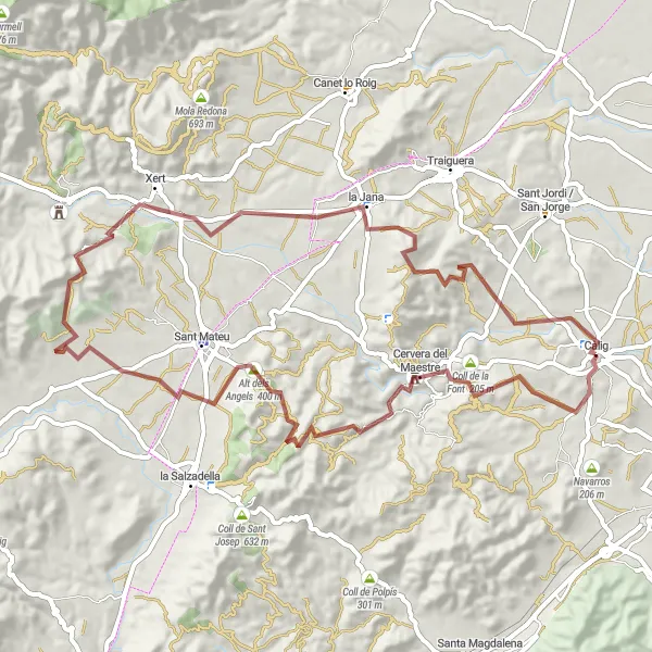 Map miniature of "Gravel Tour to Coll de la Font" cycling inspiration in Comunitat Valenciana, Spain. Generated by Tarmacs.app cycling route planner