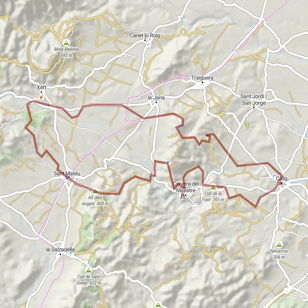 Miniatura della mappa di ispirazione al ciclismo "Giro in bicicletta da Càlig attraverso i colli della Comunitat Valenciana" nella regione di Comunitat Valenciana, Spain. Generata da Tarmacs.app, pianificatore di rotte ciclistiche