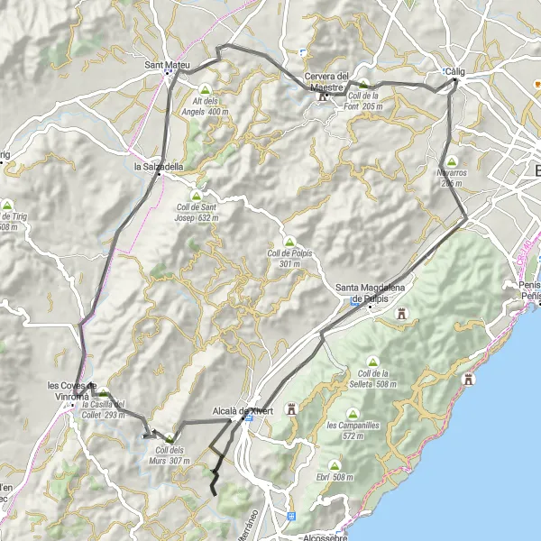 Map miniature of "Navarros and Surroundings" cycling inspiration in Comunitat Valenciana, Spain. Generated by Tarmacs.app cycling route planner