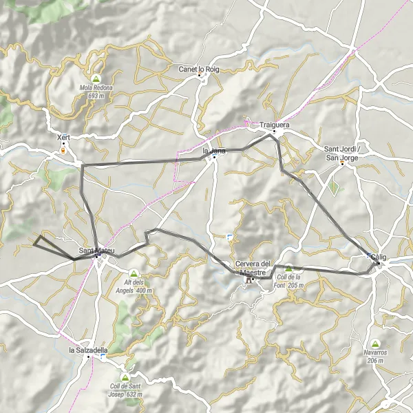 Miniatua del mapa de inspiración ciclista "Vuelta en bicicleta desde Càlig (carretera)" en Comunitat Valenciana, Spain. Generado por Tarmacs.app planificador de rutas ciclistas