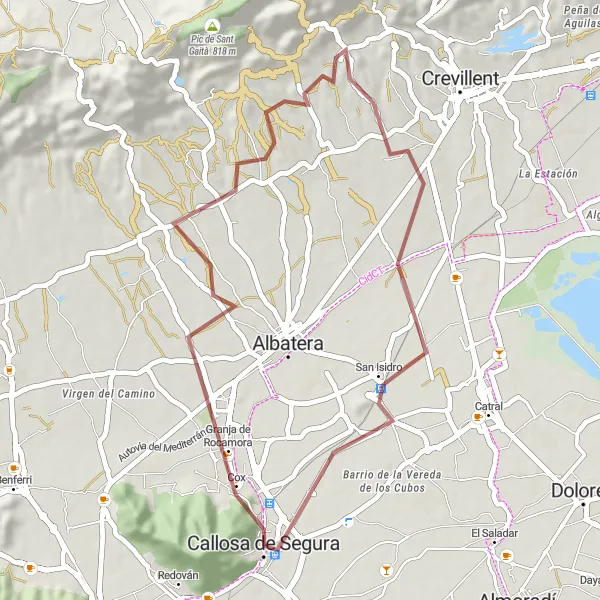 Miniatua del mapa de inspiración ciclista "Ruta de Gravel a Granja de Rocamora" en Comunitat Valenciana, Spain. Generado por Tarmacs.app planificador de rutas ciclistas