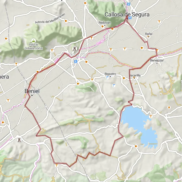 Map miniature of "Callosa-Orihuela Gravel Adventure" cycling inspiration in Comunitat Valenciana, Spain. Generated by Tarmacs.app cycling route planner