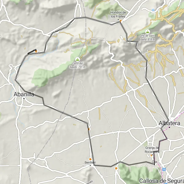 Miniatua del mapa de inspiración ciclista "Ruta de bicicleta de carretera a Benferri, Abanilla, Hondón de los Frailes y Cox" en Comunitat Valenciana, Spain. Generado por Tarmacs.app planificador de rutas ciclistas