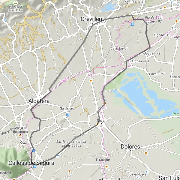 Map miniature of "Cox to Crevillent Adventure" cycling inspiration in Comunitat Valenciana, Spain. Generated by Tarmacs.app cycling route planner