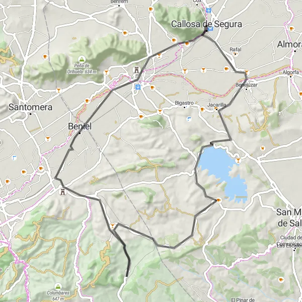 Miniaturní mapa "Trasa přes Rafal, Las Norias Gemelas a Orihuelu" inspirace pro cyklisty v oblasti Comunitat Valenciana, Spain. Vytvořeno pomocí plánovače tras Tarmacs.app