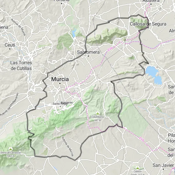 Miniatua del mapa de inspiración ciclista "Ruta en bicicleta de carretera por Callosa de Segura" en Comunitat Valenciana, Spain. Generado por Tarmacs.app planificador de rutas ciclistas