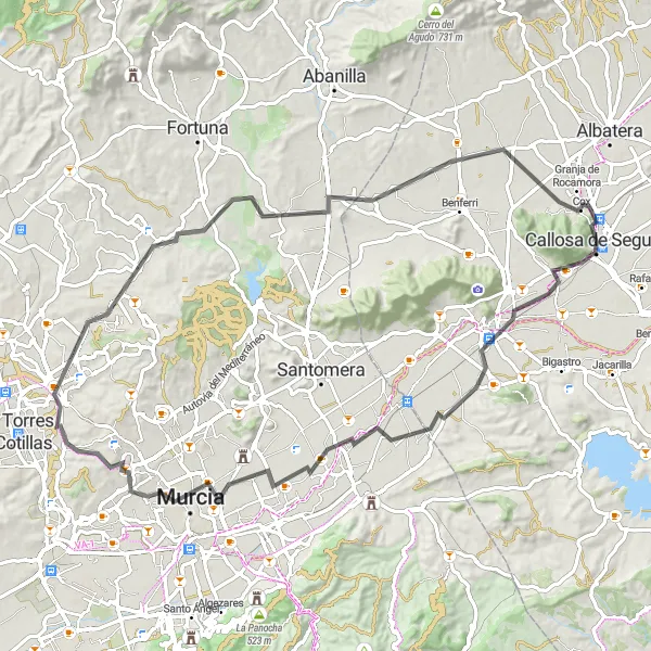 Miniatuurkaart van de fietsinspiratie "Wegroute door Callosa de Segura, Orihuela, Guadalupe de Maciascoque, Molina de Segura, Los Valientes en Cox" in Comunitat Valenciana, Spain. Gemaakt door de Tarmacs.app fietsrouteplanner