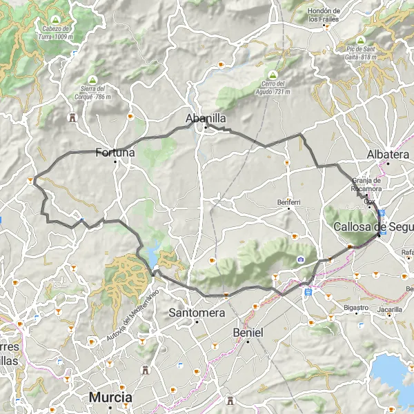 Miniaturní mapa "Náročná cesta směrem k Abanille" inspirace pro cyklisty v oblasti Comunitat Valenciana, Spain. Vytvořeno pomocí plánovače tras Tarmacs.app