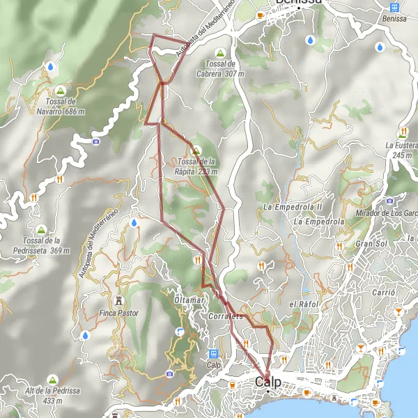 Miniaturekort af cykelinspirationen "Grusvejcykelrute gennem Calp" i Comunitat Valenciana, Spain. Genereret af Tarmacs.app cykelruteplanlægger