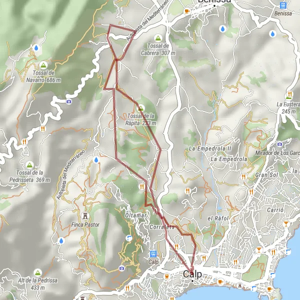 Miniatua del mapa de inspiración ciclista "Ruta de Ciclismo de Grava Calp-Escaleras Bandera España-Tossal de Cabrera-Edificio Muralla Roja" en Comunitat Valenciana, Spain. Generado por Tarmacs.app planificador de rutas ciclistas