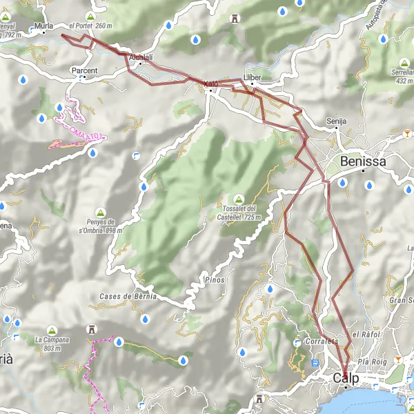 Miniatua del mapa de inspiración ciclista "Ruta grava - Calp, Tossal de Cabrera, Llíber, Parcent, Mirador del Terrer, Tossal de la Ràpita, Corralets" en Comunitat Valenciana, Spain. Generado por Tarmacs.app planificador de rutas ciclistas