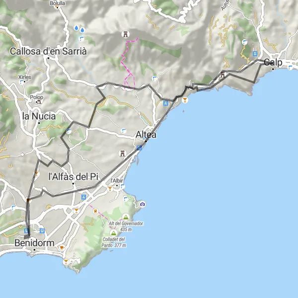 Miniatura della mappa di ispirazione al ciclismo "Il giro di Castellet de Calp su strada" nella regione di Comunitat Valenciana, Spain. Generata da Tarmacs.app, pianificatore di rotte ciclistiche