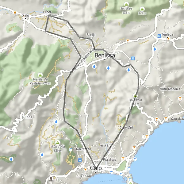 Miniatua del mapa de inspiración ciclista "Ruta de Ciclismo de Carretera Calp-Tossal de Cabrera-Llíber-Benissa-La Fustera-Edificio Muralla Roja-Calp" en Comunitat Valenciana, Spain. Generado por Tarmacs.app planificador de rutas ciclistas