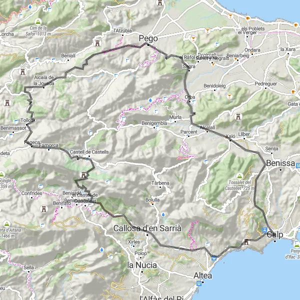 Map miniature of "The Calp to Guadalest Loop" cycling inspiration in Comunitat Valenciana, Spain. Generated by Tarmacs.app cycling route planner