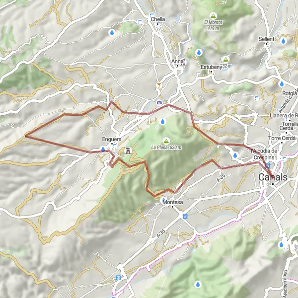 Miniatura della mappa di ispirazione al ciclismo "40 km di avventura in gravel tra Canals e l'Alcúdia de Crespins" nella regione di Comunitat Valenciana, Spain. Generata da Tarmacs.app, pianificatore di rotte ciclistiche