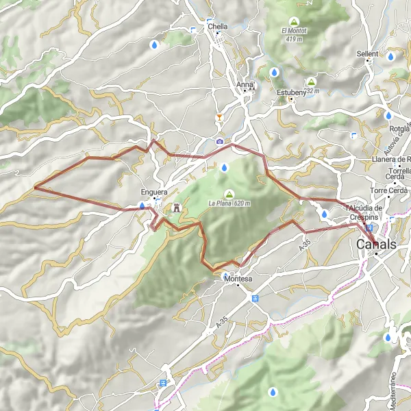 Miniatuurkaart van de fietsinspiratie "Korte gravelroute in de buurt van Canals" in Comunitat Valenciana, Spain. Gemaakt door de Tarmacs.app fietsrouteplanner