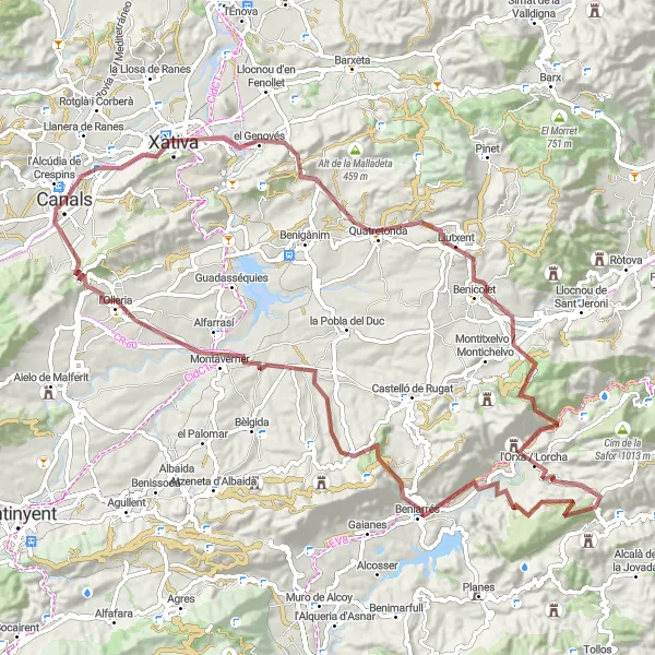 Miniatura della mappa di ispirazione al ciclismo "101 km di esplorazioni in gravel da Canals a l'Olleria" nella regione di Comunitat Valenciana, Spain. Generata da Tarmacs.app, pianificatore di rotte ciclistiche